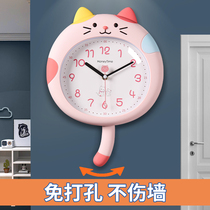 Childrens kitty hanging bell cartoon students use girl special 2023 new living room hanging wall for home pendulum clock free of punch