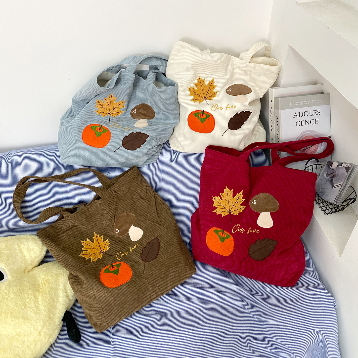 复古灯芯绒单肩包森系刺绣大容量通勤托特包韩版女慵懒风百搭布包,淘宝优惠券,粉丝福利购,淘宝优惠卷