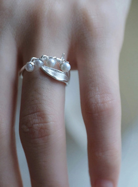 冷淡风叶子珍珠戒指女轻奢高级感