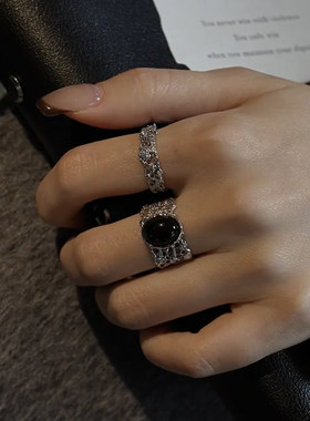 中古银色宽版镂空仿黑玛瑙戒指女