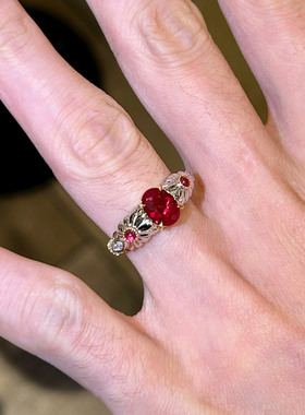 中古vintage爆闪红色鸽子蛋戒指