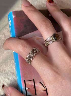 S925纯银中古做旧镂空雕花虎眼石戒指女小众设计感复古素圈食指戒