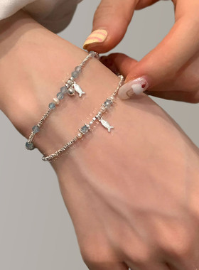 蓝色仿水晶碎银小鱼手链轻奢小众