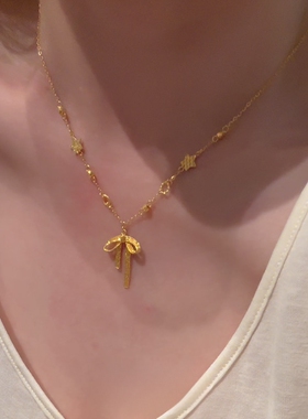 复古爆闪金色拉丝蝴蝶结项链女款