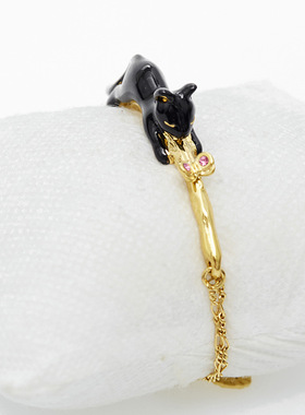 批发小众时尚珐琅彩釉黑色小猫咪粉钻蝴蝶双层链条手镯手链女礼物