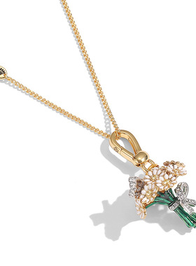 小众时尚珐琅彩釉白色雏菊花束吊坠镶钻蝴蝶结花朵包挂设计感项链