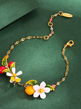 原创森系珐琅彩釉花朵蜜蜂圣女果手链立体绿叶设计感精致礼物饰品