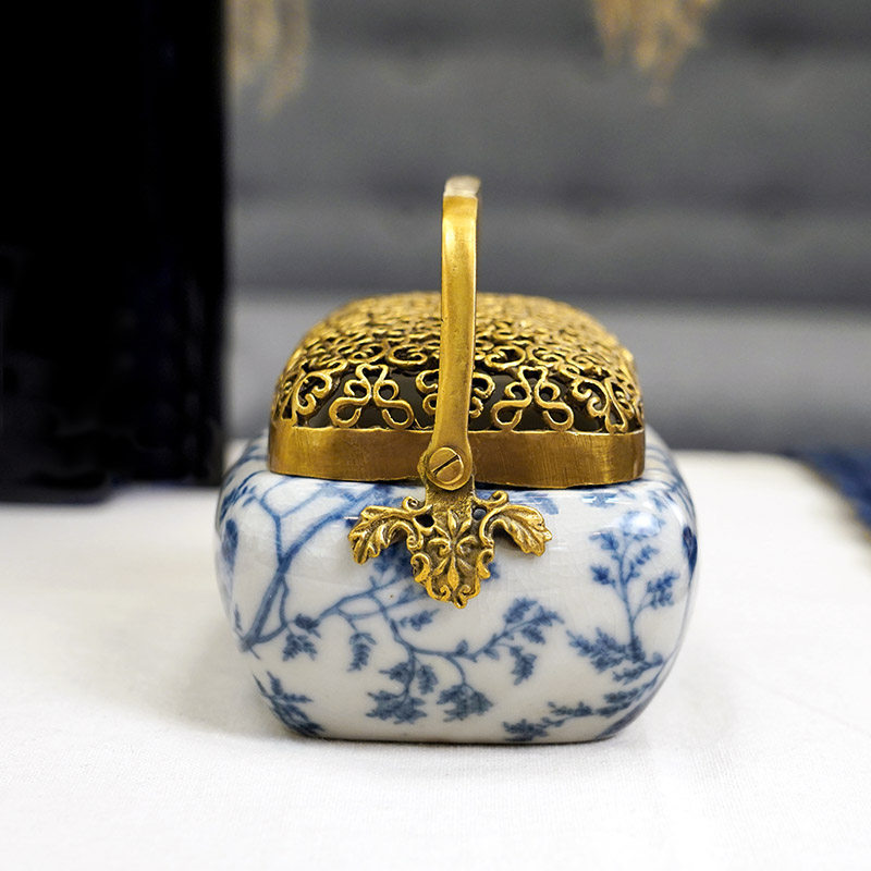 费灵家居青花陶瓷配铜手工首饰盒 装饰复古奢华收纳盒香炉摆件,淘宝优惠券,粉丝福利购,淘宝优惠卷