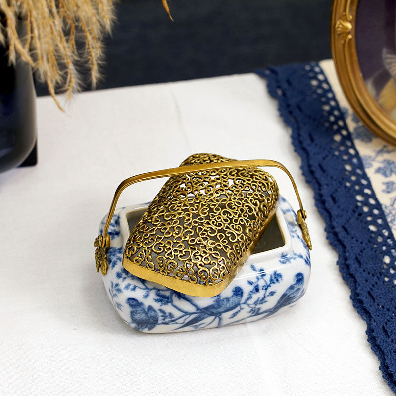 费灵家居青花陶瓷配铜手工首饰盒 装饰复古奢华收纳盒香炉摆件,淘宝优惠券,粉丝福利购,淘宝优惠卷