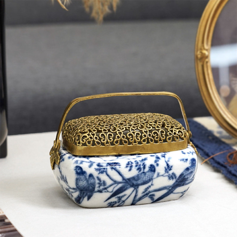 费灵家居青花陶瓷配铜手工首饰盒 装饰复古奢华收纳盒香炉摆件,淘宝优惠券,粉丝福利购,淘宝优惠卷