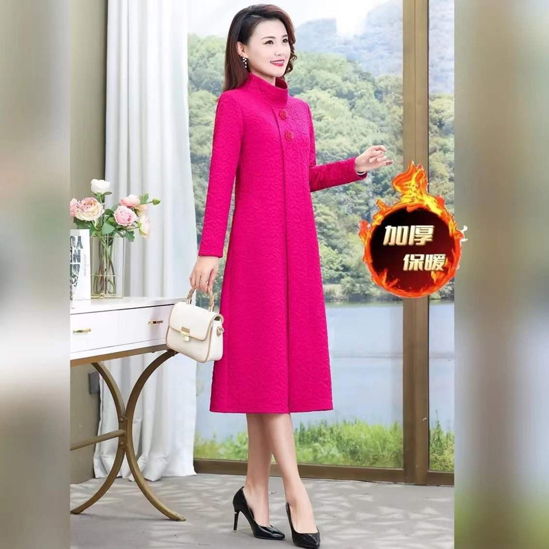 网红同款新品加厚弹力保暖裙女长款早春爆款长袖立领玫瑰花连衣裙