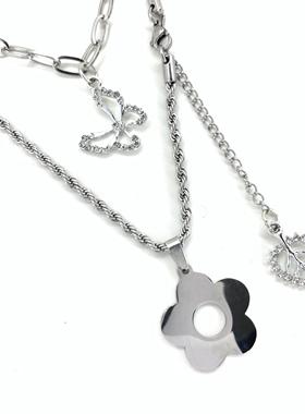 原创ins风欧美小众花朵吊坠双层钛钢项链百搭卫衣链轻奢女新潮酷