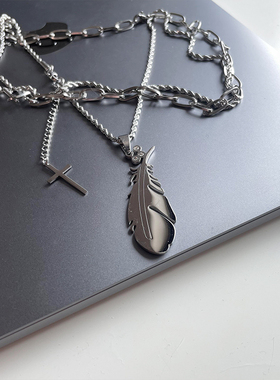 钛钢双层链男女羽毛十字架设计