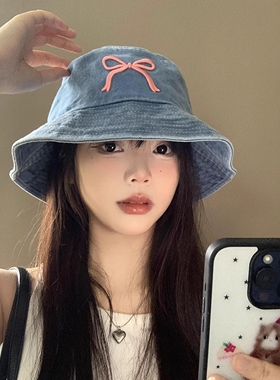 秋冬季蝴蝶结牛仔渔夫帽女2025新款时尚潮流百搭高颜值显脸小盆帽