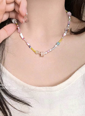 彩虹多巴胺串珠项链高级感锁骨链
