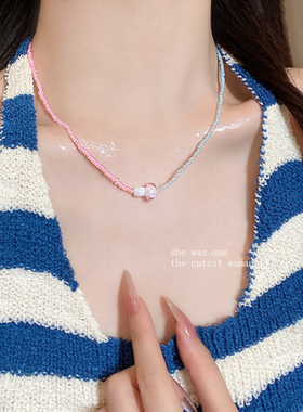 多巴胺粉蓝撞色串珠蘑菇吊坠项链