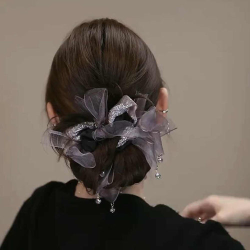 高级感新款百搭气质超仙蝴蝶结碎钻发圈头花时尚洋气头绳皮筋头饰 - 图3