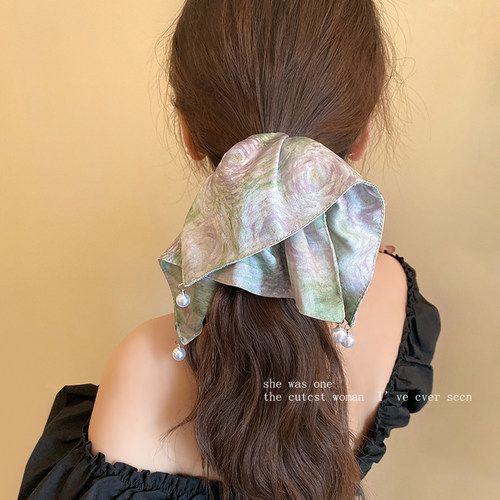 蓝色油画方巾珍珠发圈女高级感扎头发扎低马尾发绳独特气质发饰 - 图3