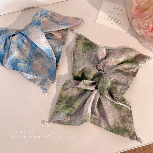 蓝色油画方巾珍珠发圈女高级感扎头发扎低马尾发绳独特气质发饰 - 图2