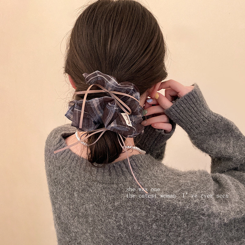 韩系咖色网纱格子蝴蝶结大肠发圈女复古慵懒风百搭头饰发绳扎头发,淘宝优惠券,粉丝福利购,淘宝优惠卷