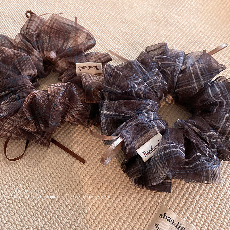 韩系咖色网纱格子蝴蝶结大肠发圈女复古慵懒风百搭头饰发绳扎头发,淘宝优惠券,粉丝福利购,淘宝优惠卷