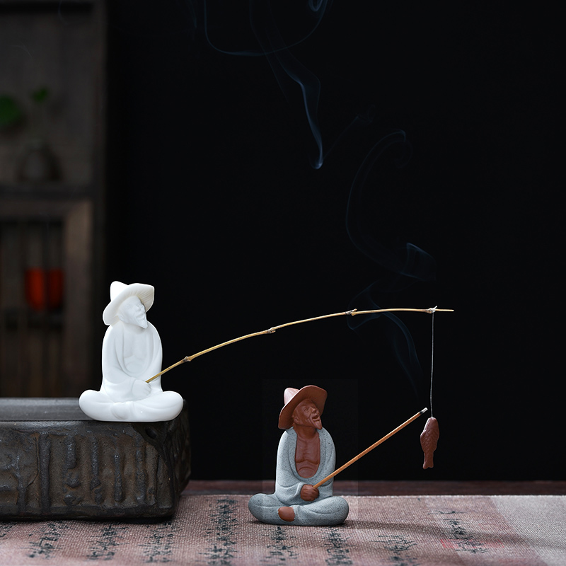 姜太公钓鱼小摆件鱼缸造景老头渔翁中式人物陶瓷雕塑微景观装饰品-图0