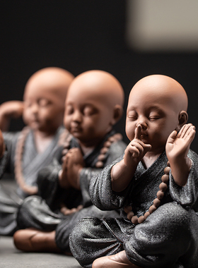 精品黑陶紫砂四不小和尚摆件