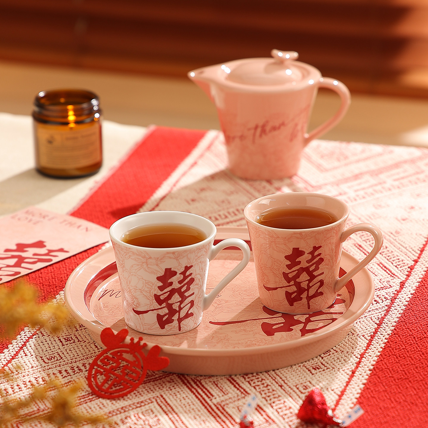 结婚一对敬茶杯茶具套装陶瓷泡茶壶喜庆红色水杯果盘新人新婚礼物,淘宝优惠券,粉丝福利购,淘宝优惠卷