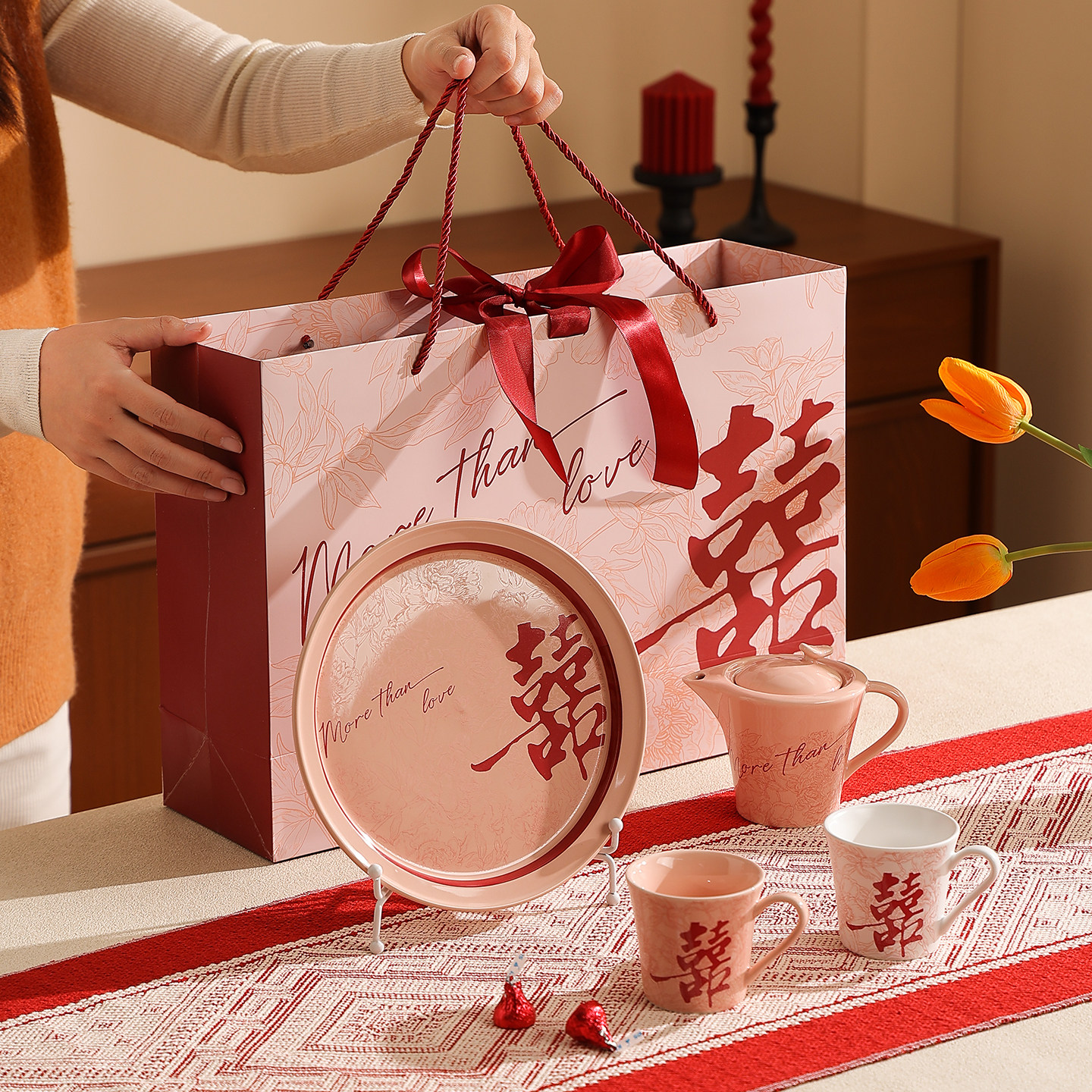 结婚一对敬茶杯茶具套装陶瓷泡茶壶喜庆红色水杯果盘新人新婚礼物,淘宝优惠券,粉丝福利购,淘宝优惠卷
