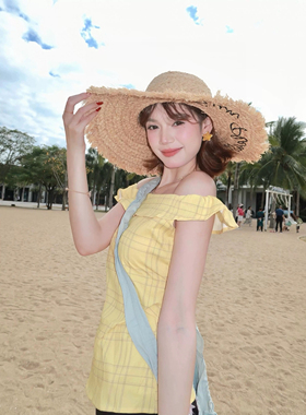 适合海边拍照的拉菲草编织草帽女夏天遮阳防晒字母刺绣大檐太阳帽
