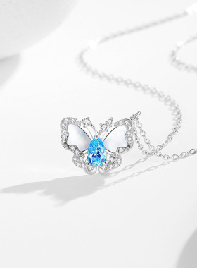 原创蝴蝶纯银925项链女时尚百搭款海蓝锆石锁骨链ins风白贝母吊坠
