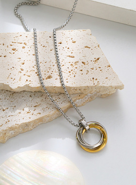 欧美热销不锈钢三环项链 简约不掉色 男士嘻哈风钛钢镶钻吊坠饰品