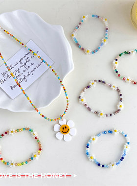 新款彩色糖果色系串珠手链项链甜美可爱少女水晶花朵手链百搭饰品