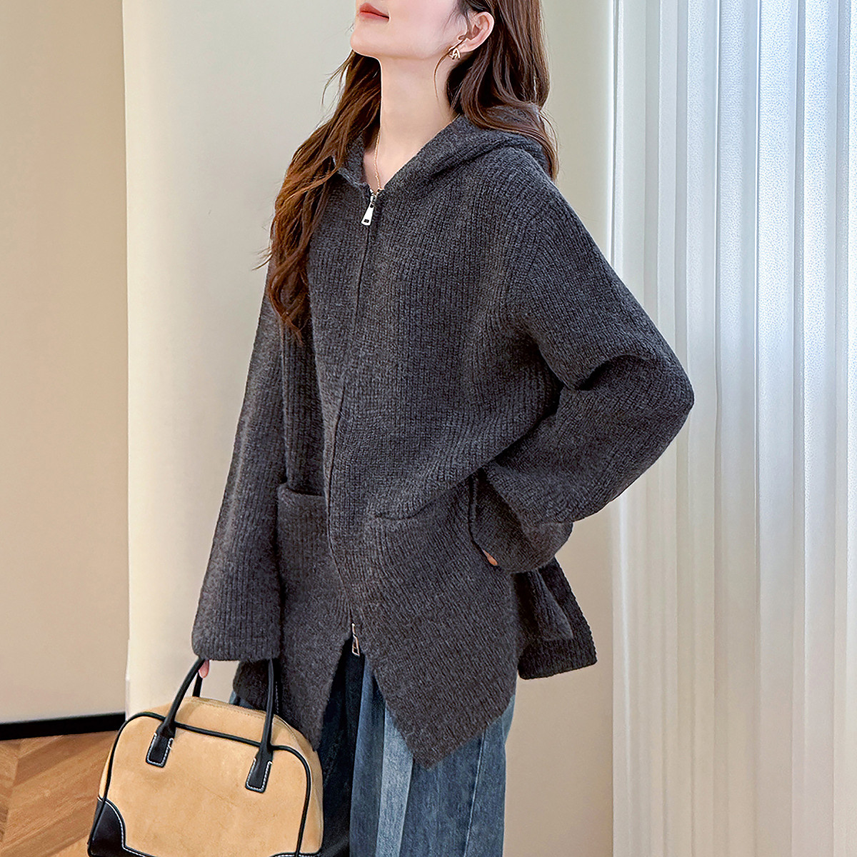 唐狮秋冬季女毛衣高级感简约风连帽开衫外套高级感日常毛线衫tu,淘宝优惠券,粉丝福利购,淘宝优惠卷