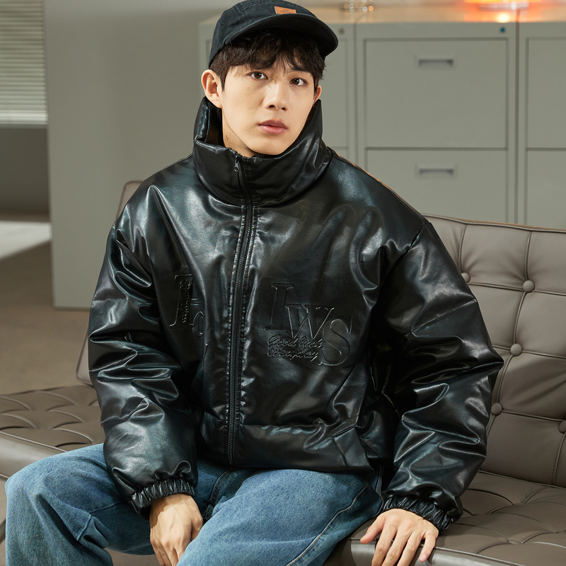 唐狮立领仿pu皮短款冬季新款羽绒服 唐狮outlets店羽绒服