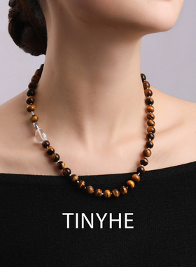TINYHE米雪 天然黄虎眼石项链女秋冬白水晶银毛衣链小众轻奢原创