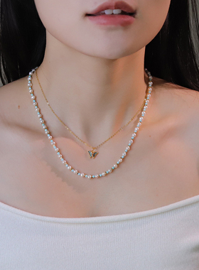 微合天然珍珠纯银蝴蝶锁骨链