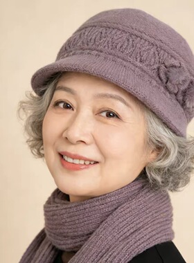 中老年女秋冬加厚保暖针织盆帽