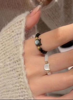 在逃公主戒指 可爱猫咪串珠戒指 女黑白猫头食指戒送闺蜜女友指环