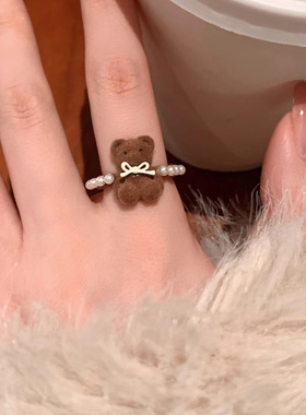 奶萌蝴蝶结小熊～植绒开口戒指 女小众设计感超可爱食指戒珍珠感