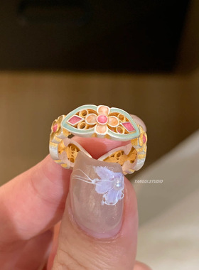 新款古法珐琅彩葫芦手链国风新中式白铜百搭花朵新款四叶描金喜乐