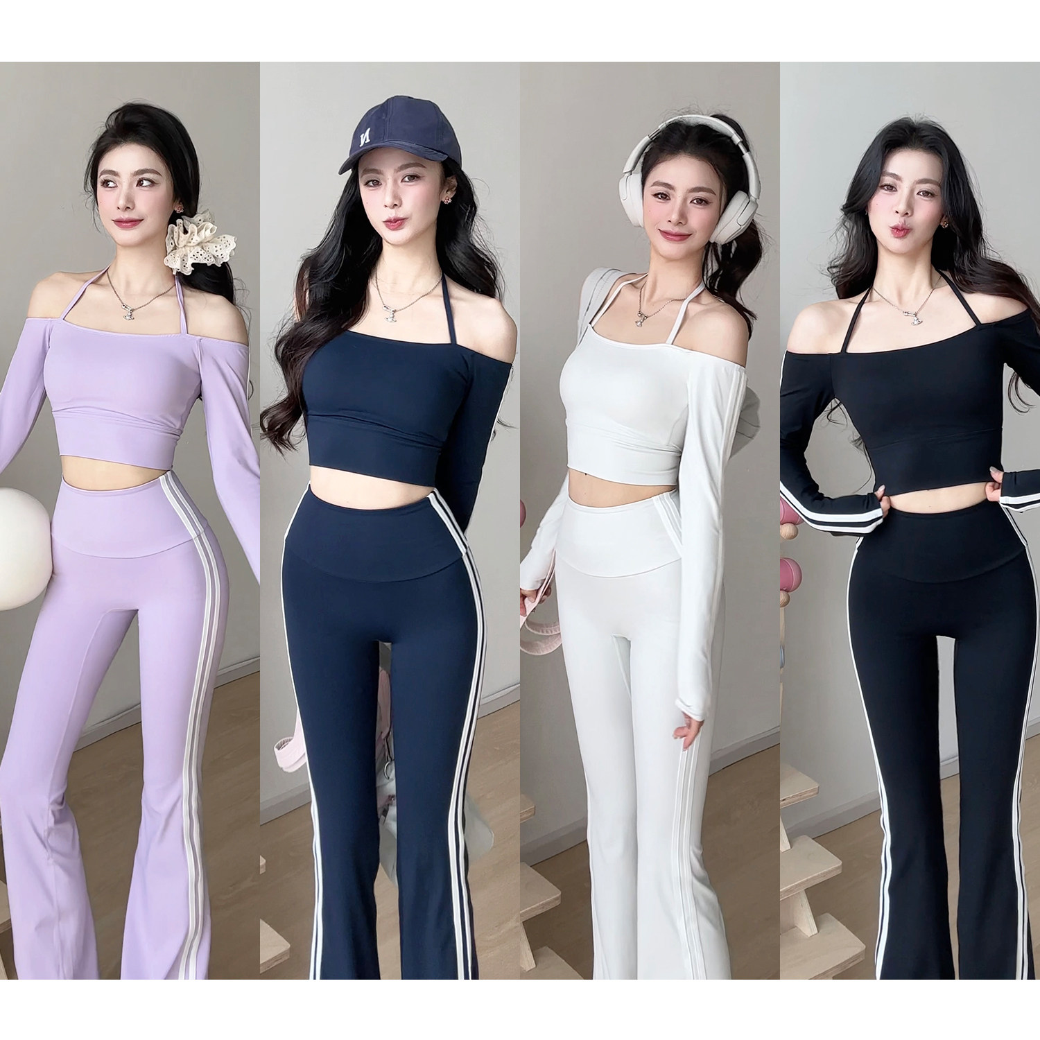 gogoyoga瑜伽套装带胸垫速干挂脖长袖运动t恤高腰高弹力微喇叭裤,淘宝优惠券,粉丝福利购,淘宝优惠卷