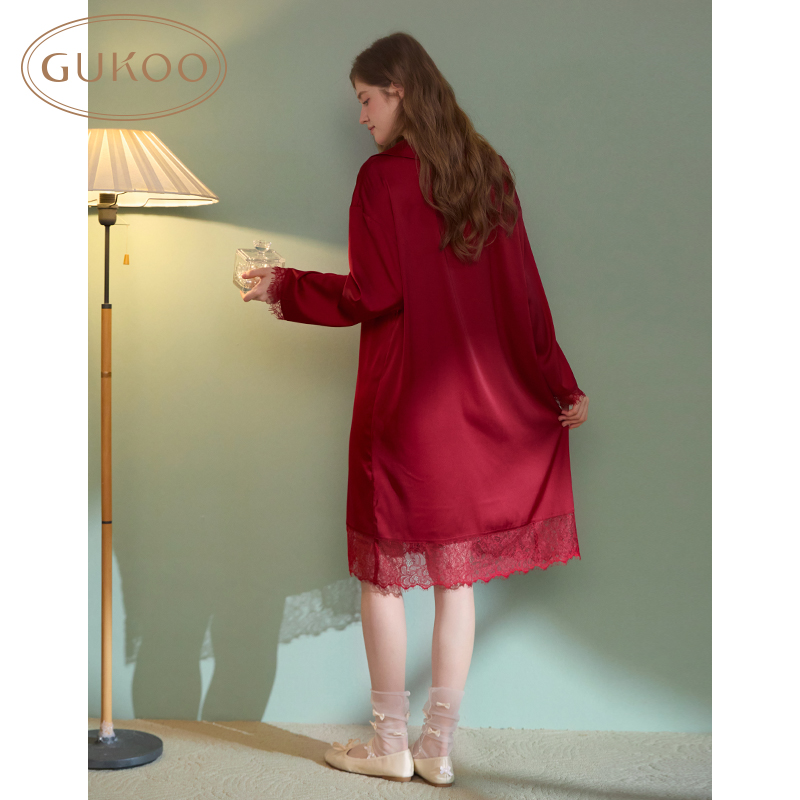 Gukoo/果壳睡衣女春秋款冰丝质感红色蕾丝花边家居服睡裙 - 图3