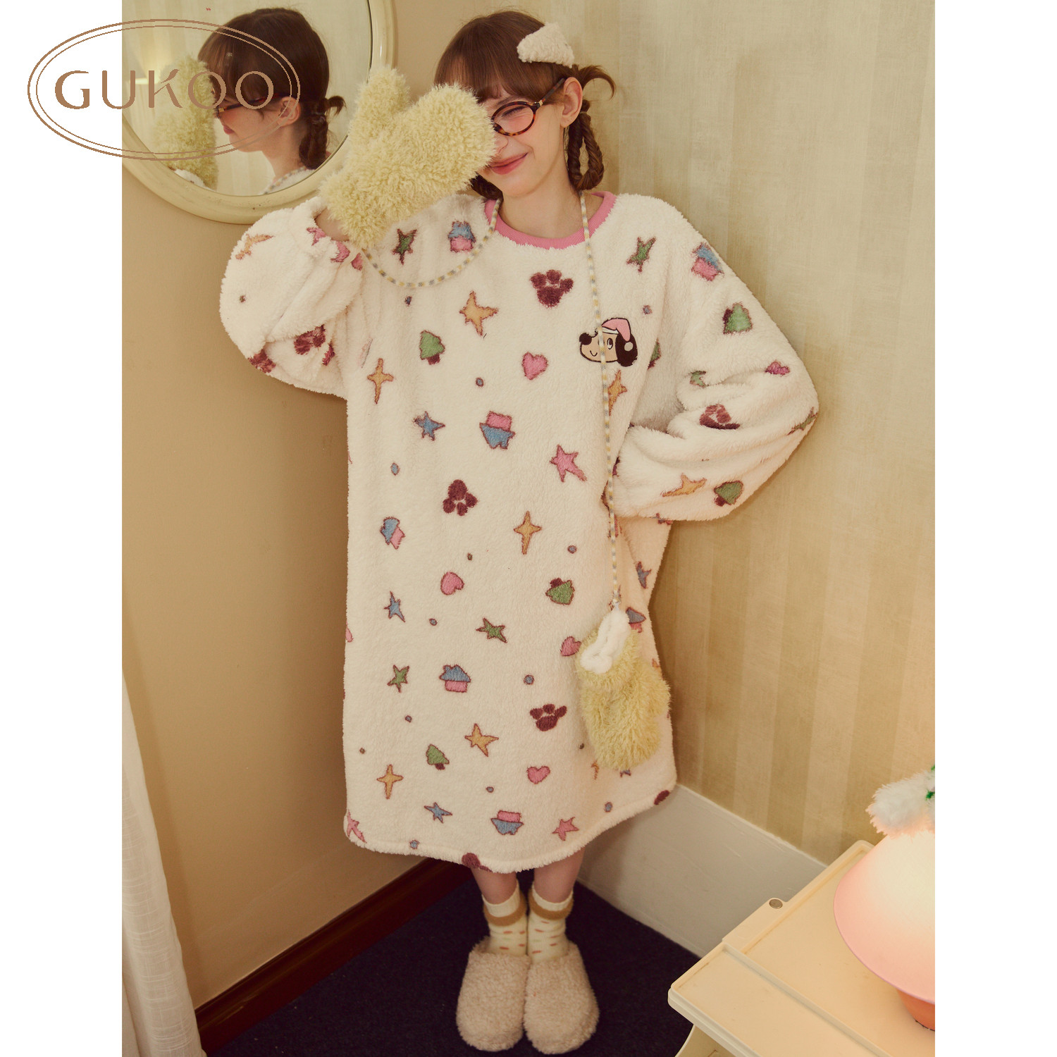 Gukoo/果壳睡衣女冬miiiiichan系列满印加绒长袖冬款睡裙,淘宝优惠券,粉丝福利购,淘宝优惠卷