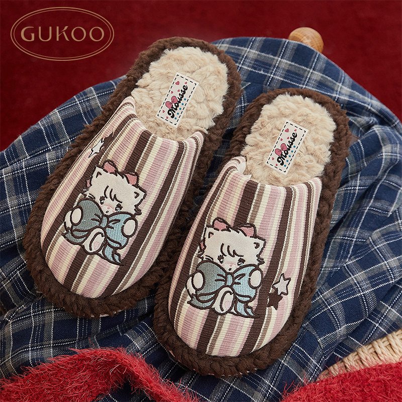 Gukoo/果壳拖鞋女秋冬款mikko系列条纹毛绒包头居家拖鞋,淘宝优惠券,粉丝福利购,淘宝优惠卷