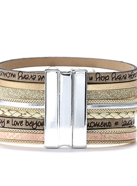 欧美流行大象合金多层波西米亚磁铁扣皮手环印字手镯时尚复古