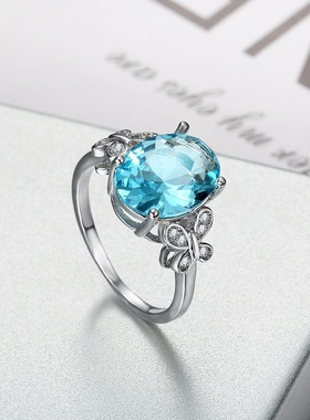 配饰品 日韩气质时尚蝴蝶结蛋形蓝色宝石戒指环