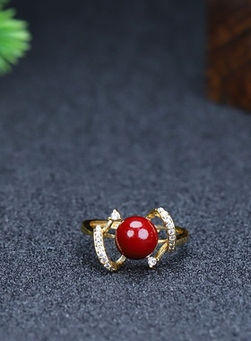 天然正品朱砂戒指高含量原矿镶嵌紫金砂女款时尚轻奢皇冠戒指