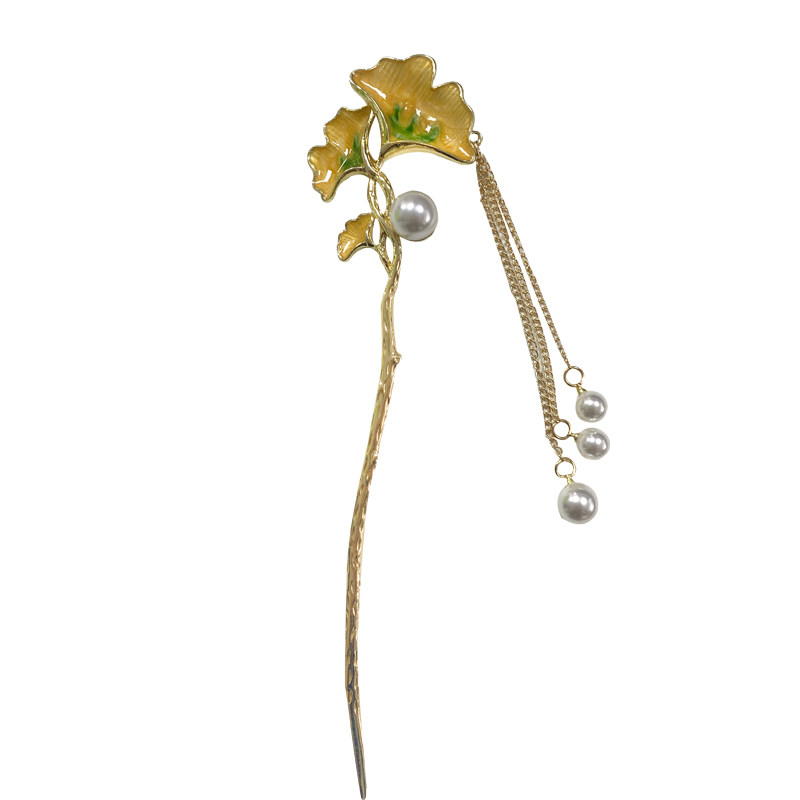 银杏叶流苏发簪女珍珠古风簪子简约现代后脑勺盘发发钗汉服配饰品