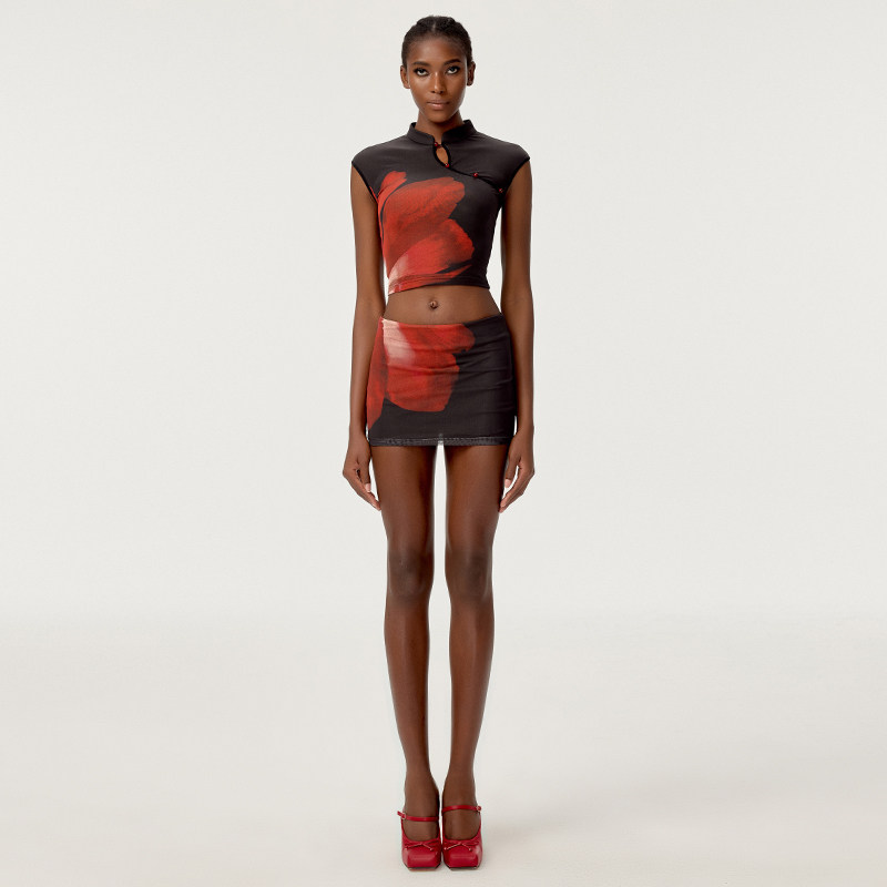 HiimDai 海市蜃楼 定位立体印花 新中式旗袍领盘扣短上衣裙裤套装,淘宝优惠券,粉丝福利购,淘宝优惠卷